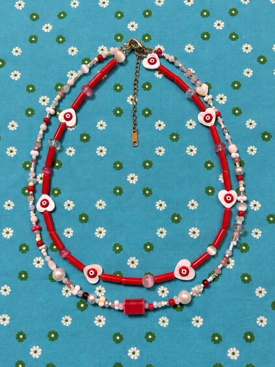 Handmade Jewelry - Handmade Double Strand Red Beaded Layered Evil Eye Heart Necklace